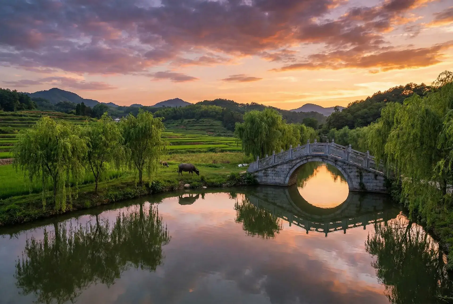 夕阳下的石拱桥与垂柳，水牛在河边吃草 - 从指尖传出的认真的热情青梅竹马是消防员 乡村美景